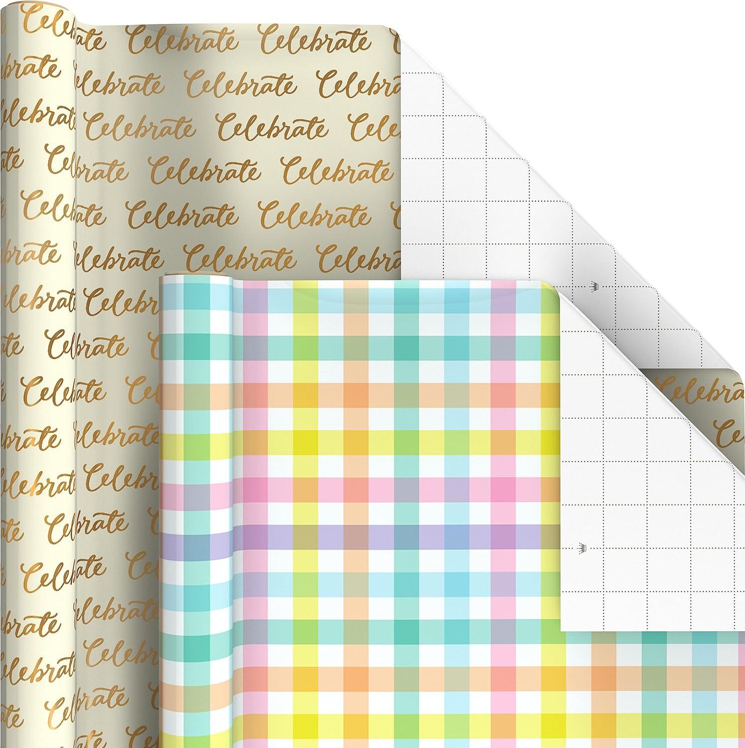 imageHallmark Reversible Wrapping Paper Roll Bundle Peach ampamp Purple Flowers Pink Stripes Balloons 3 Rolls 75 sq ft ttl for Birthdays Mothers Day Weddings Baby Showers and Bridal ShowersHappy Birthday  Balloons  Floral  Celebrate  Pastel Plaid