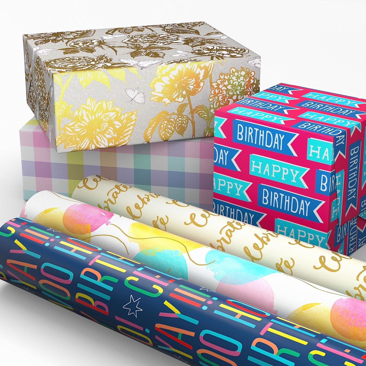 imageHallmark Reversible Wrapping Paper Roll Bundle Peach ampamp Purple Flowers Pink Stripes Balloons 3 Rolls 75 sq ft ttl for Birthdays Mothers Day Weddings Baby Showers and Bridal ShowersHappy Birthday  Balloons  Floral  Celebrate  Pastel Plaid