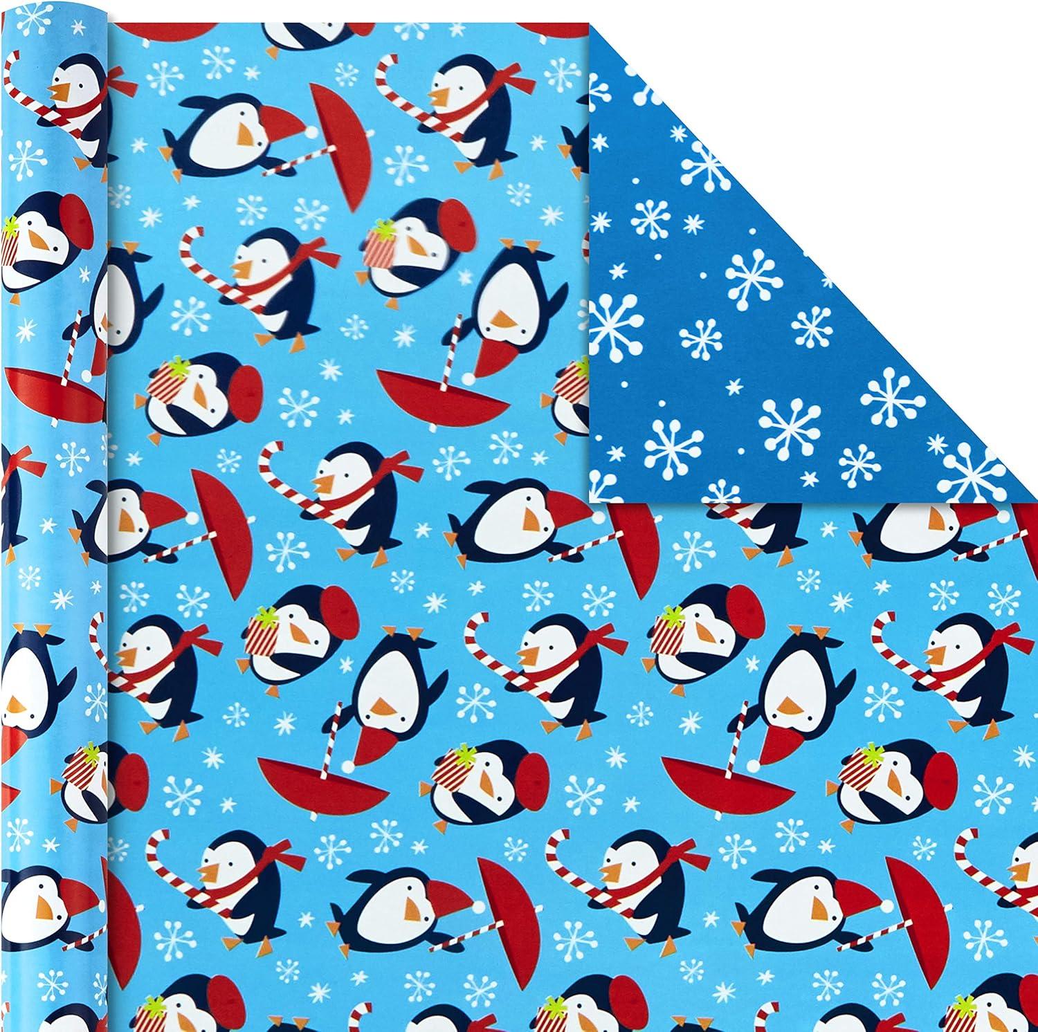 imageHallmark Trendy Reversible Christmas Wrapping Paper for Kids 3 Rolls 120 sq ft ttl Dinosaurs Koalas Polar Bears Penguins Camels Zebras StripesSanta  Joy  Penguins  Snowflakes  Polka Dots  Stripes