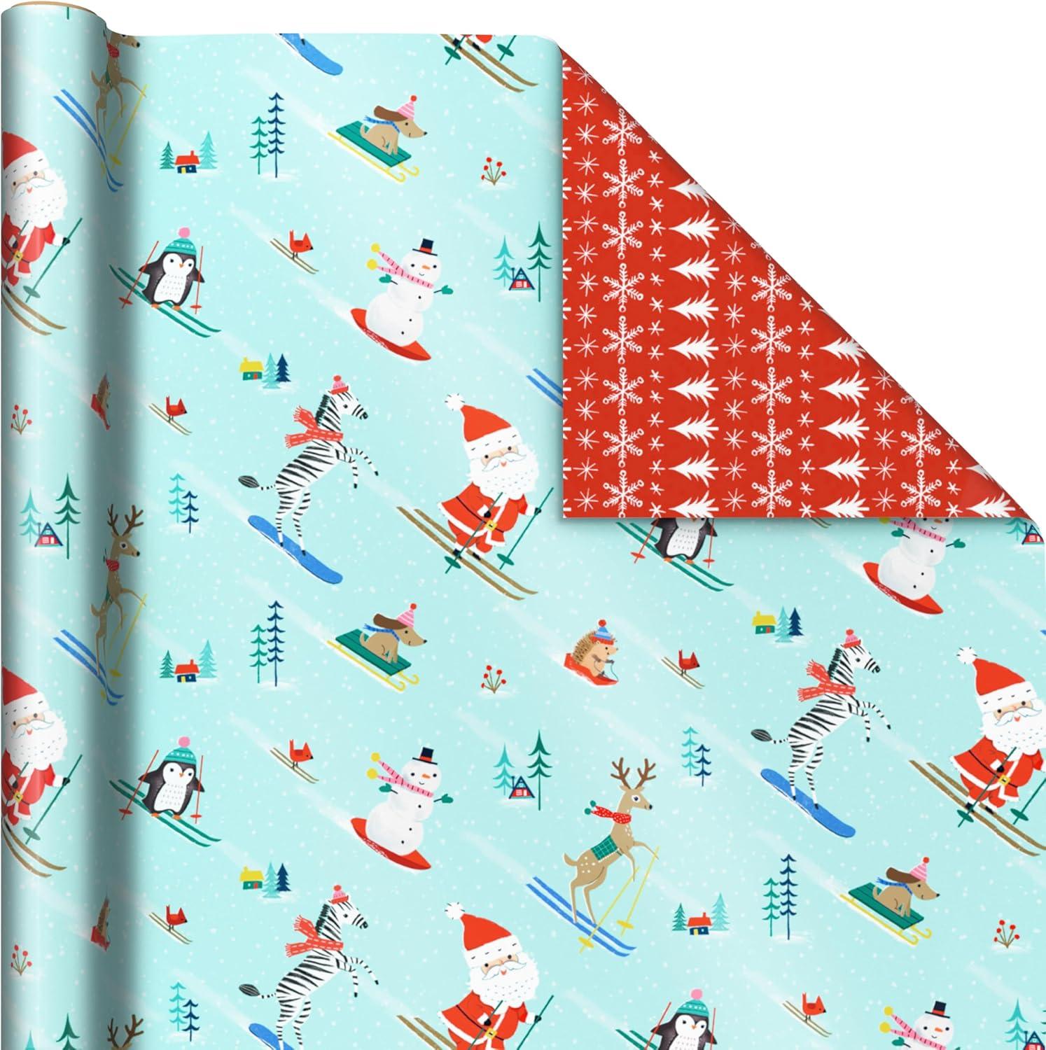 imageHallmark Trendy Reversible Christmas Wrapping Paper for Kids 3 Rolls 120 sq ft ttl Dinosaurs Koalas Polar Bears Penguins Camels Zebras StripesSnowmen  Stripes  Trees  Skiing Santa  Zebras  Hedgehogs  Penguins