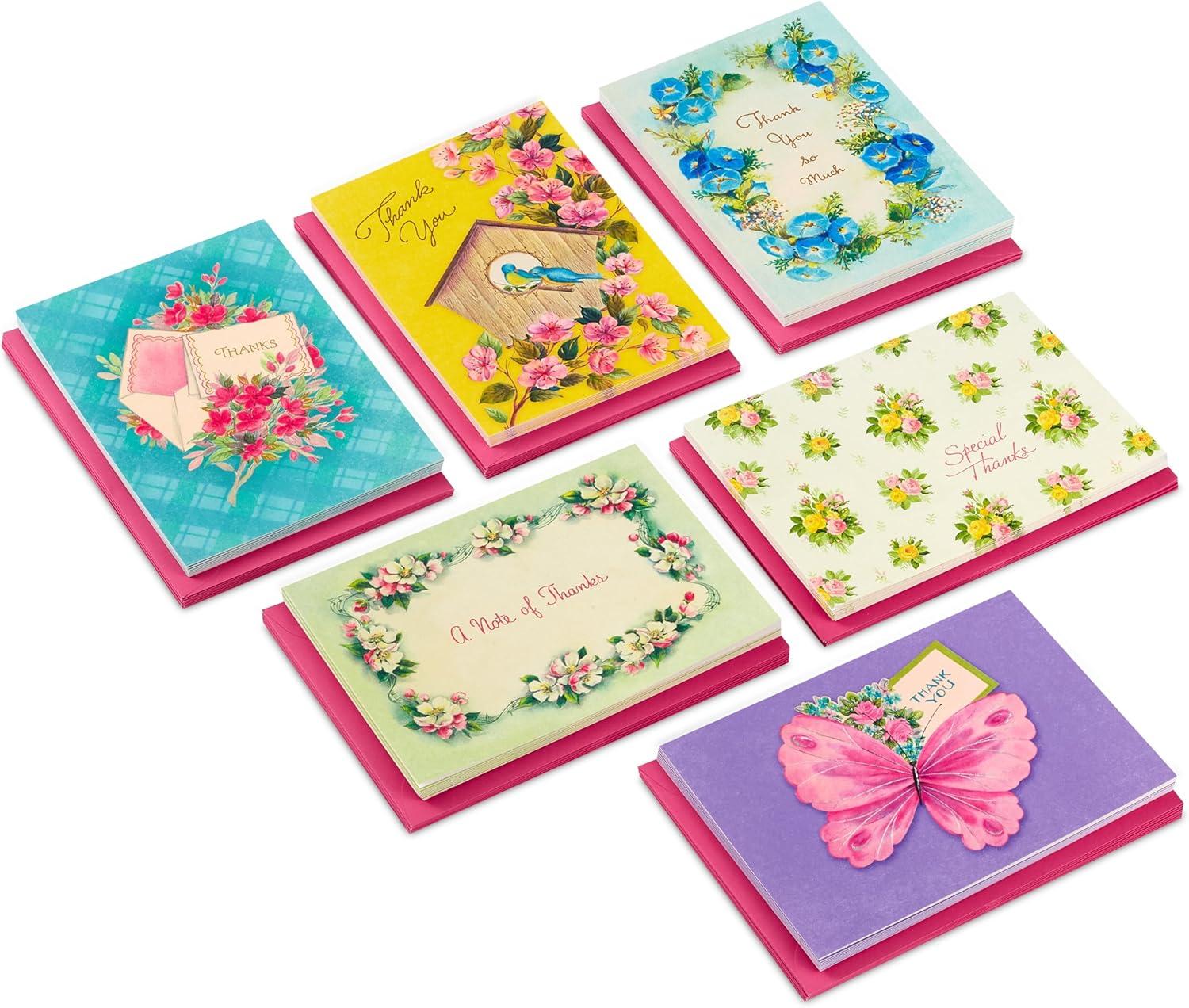 imageHallmark Vintage Thank You Note Assortment 48 Blank Cards with Envelopes Butterfly Flowers Birdhouse