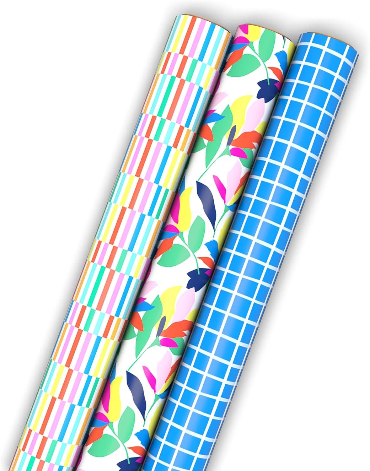imageHallmark Wrapping Paper Mini Rolls 3Pack Stripes Wildflowers Pink Polka Dots for Birthdays Mothers Day Bridal Showers Any Occasion  45 Sq Ft TotalBlue Plaid  Spring Flowers  Rainbow Stripes