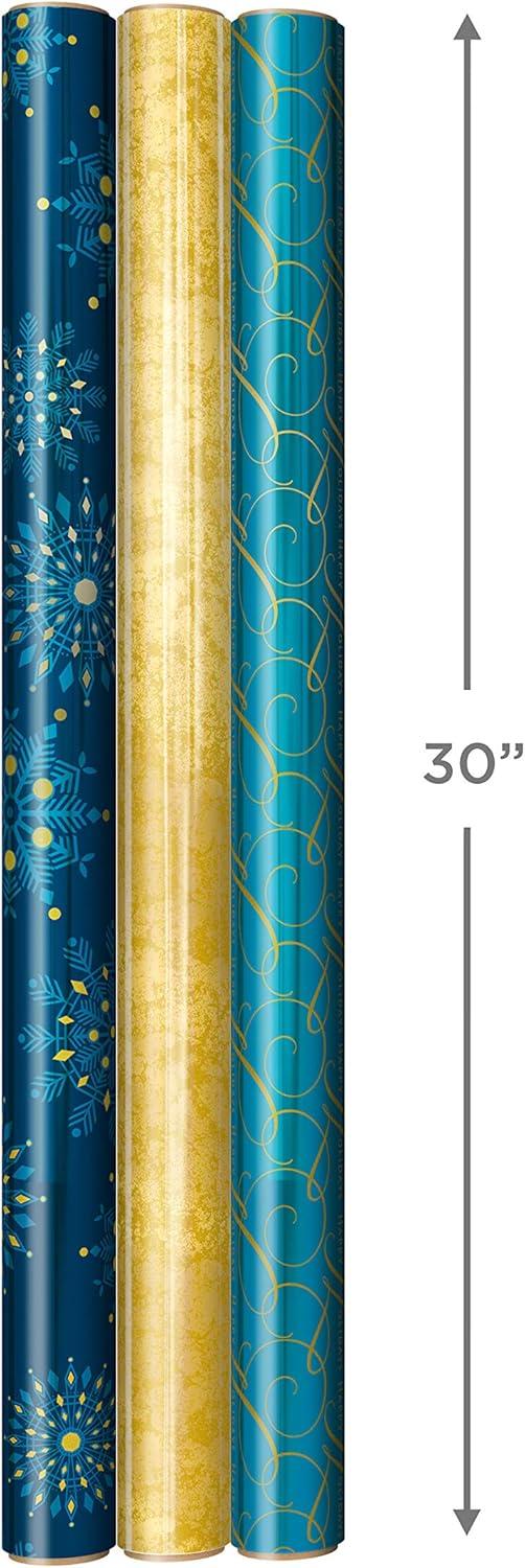 imageHallmark Wrapping Paper Rolls for Graduation Wedding Birthday Baby Shower Bridal Shower  Foil Metallic Pastel Gift Wrap Paper Set of 3 Reversible Rolls 120 sq ft ttlNavy Blue Snowflakes  Gold  Happy Holidays