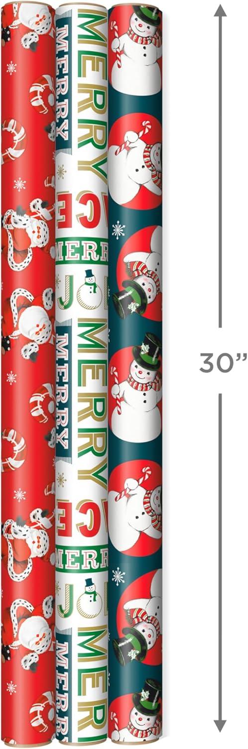 imageScotch Hallmark Christmas Wrapping Paper Rolls Magic Tape Set of 3 Gift Wrap Rolls with 6 Rolls of Tape Vintage Holiday Designs  Dancing Santa Snowman Merry Jolly Happy PeaceMagic Tape  Wrapping Paper