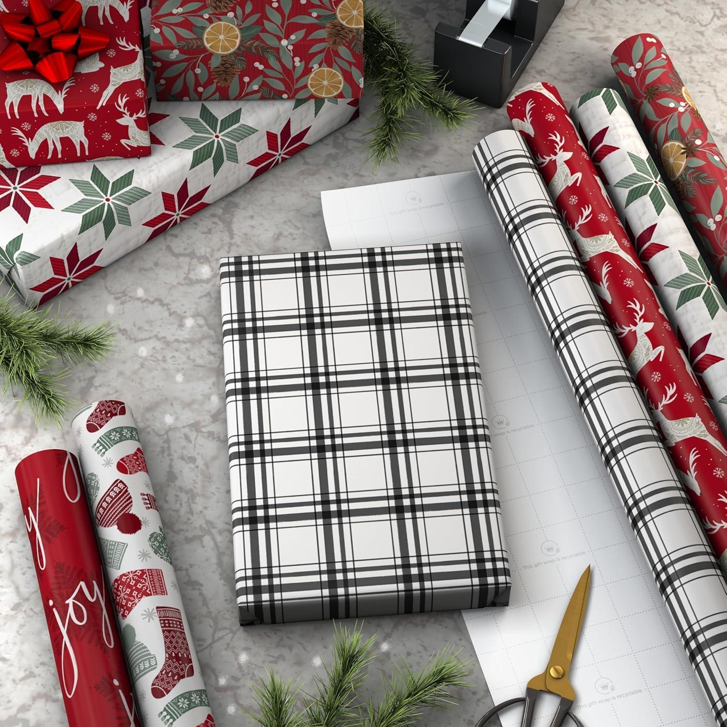 imageScotch Magic Greener Tape and Hallmark Recyclable Christmas Wrapping Paper Rolls 12 Rolls of Tape with Set of 6 Gift Wrap Rolls Red and Green Deer Mittens Citrus Quilt Plaid