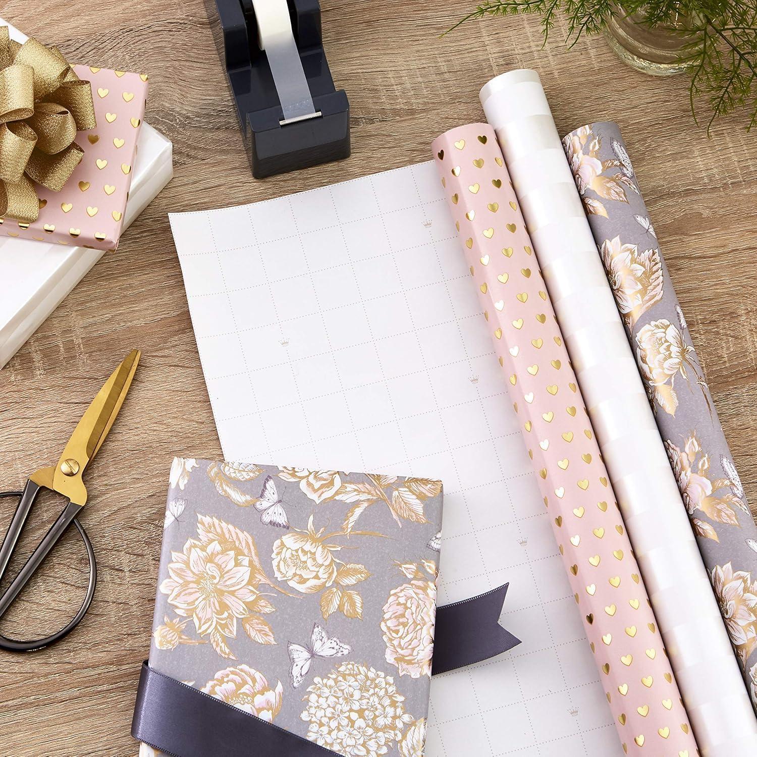 imageScotch Tape Dispenser with Magic Tape and Hallmark Wedding Wrapping Paper Rolls Includes Tape Dispenser 1 Roll of Tape Set of 3 Gift Wrap Rolls Gold Hearts Rose Flowers White Stripes