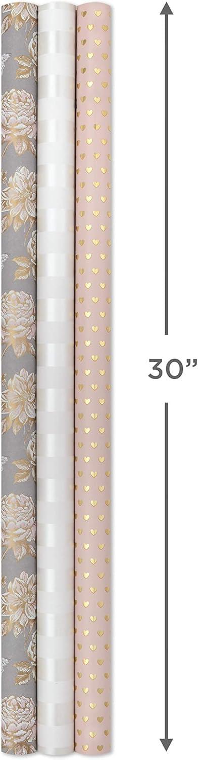 imageScotch Tape Dispenser with Magic Tape and Hallmark Wedding Wrapping Paper Rolls Includes Tape Dispenser 1 Roll of Tape Set of 3 Gift Wrap Rolls Gold Hearts Rose Flowers White Stripes