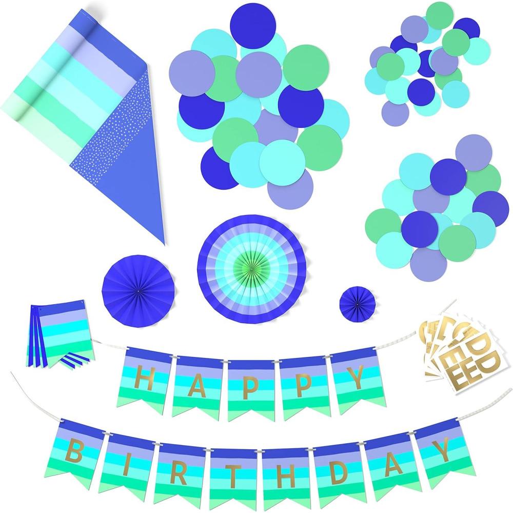imageCrayola Color Pop Party Decorations Set  Blue Purple Teal Green Customizable Banner Reversible Table Runner Paper Fan Flowers Paper Dots for Birthdays Holidays CelebrationsIndigo  Aquamarine Blue  Sea Green