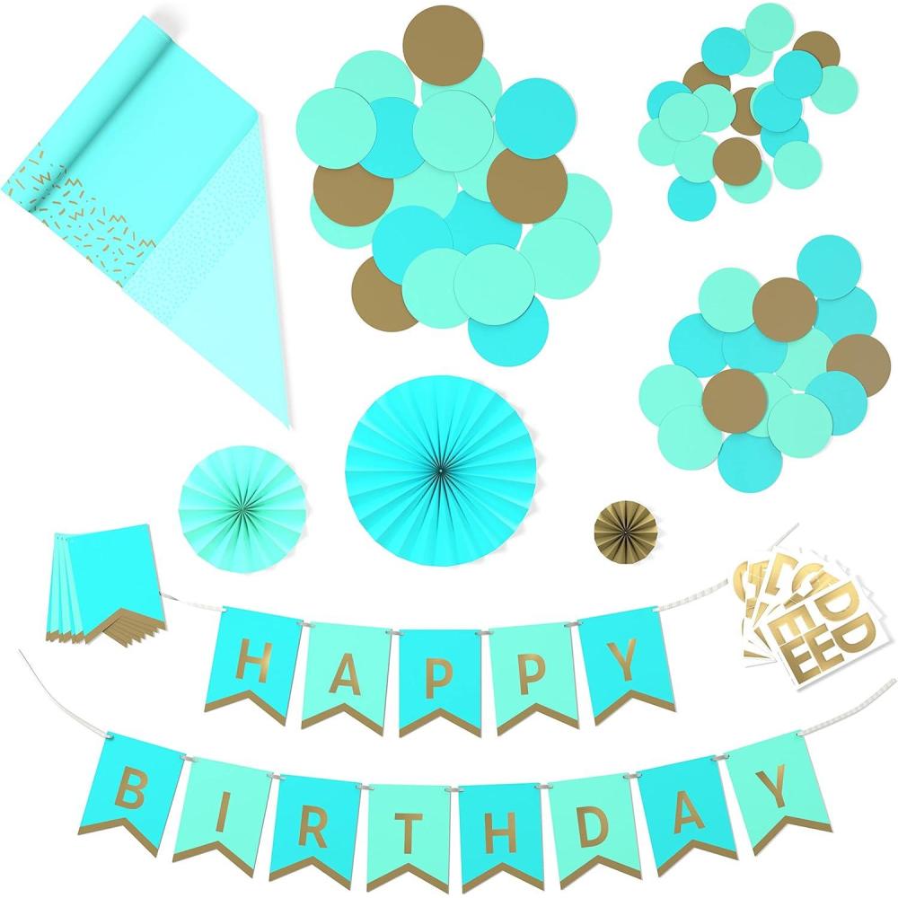 imageCrayola Color Pop Party Decorations Set  Blue Purple Teal Green Customizable Banner Reversible Table Runner Paper Fan Flowers Paper Dots for Birthdays Holidays CelebrationsAquamarine Blue and Gold