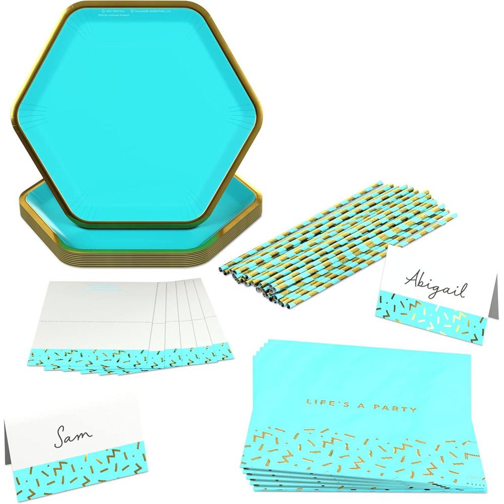 imageCrayola Color Pop Scarlet Red and Gold Star Party Supplies 12 Paper Plates 12 Paper Straws 12 Place cards 24 Napkins for Birthdays Christmas Graduations Fourth of July 5CLP1013Aquamarine Blue