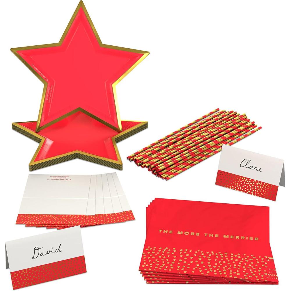 imageCrayola Color Pop Scarlet Red and Gold Star Party Supplies 12 Paper Plates 12 Paper Straws 12 Place cards 24 Napkins for Birthdays Christmas Graduations Fourth of July 5CLP1013Scarlet Red and Metallic Gold Foil