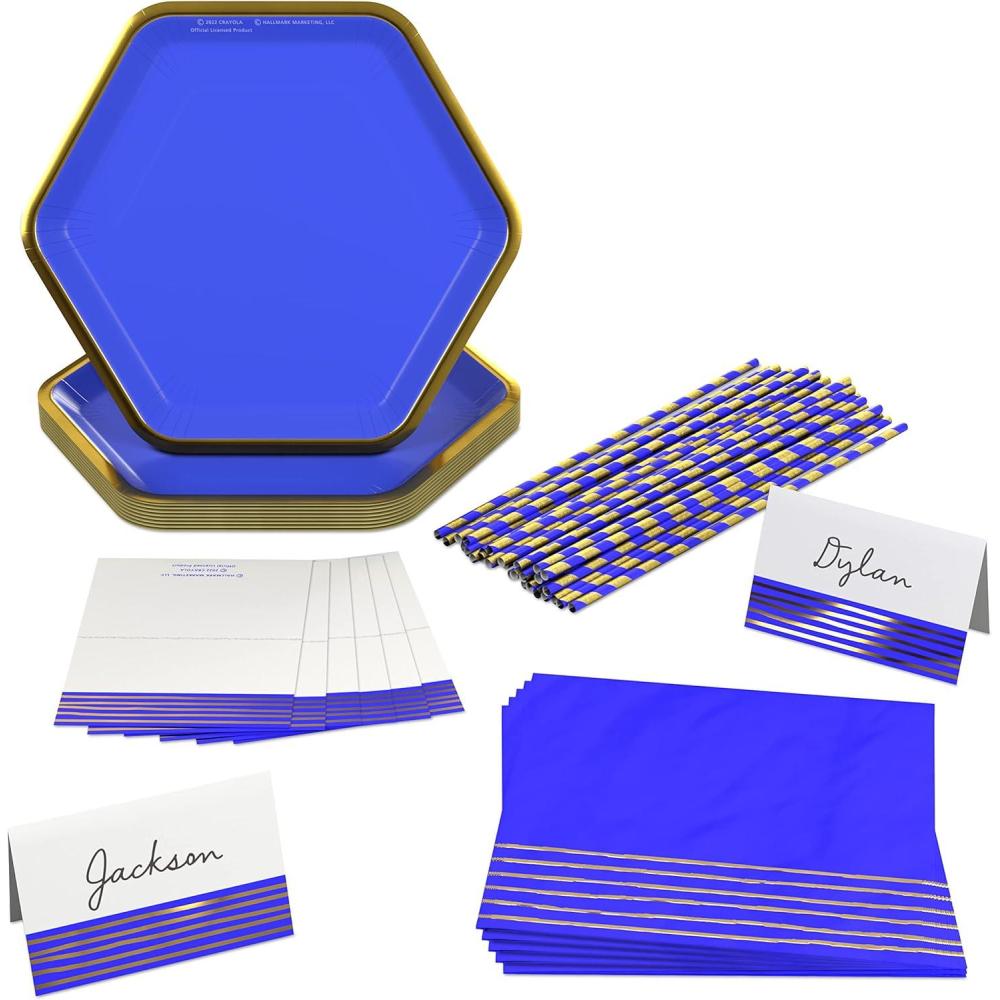 imageCrayola Color Pop Scarlet Red and Gold Star Party Supplies 12 Paper Plates 12 Paper Straws 12 Place cards 24 Napkins for Birthdays Christmas Graduations Fourth of July 5CLP1013Indigo Blue and Metallic Gold Foil