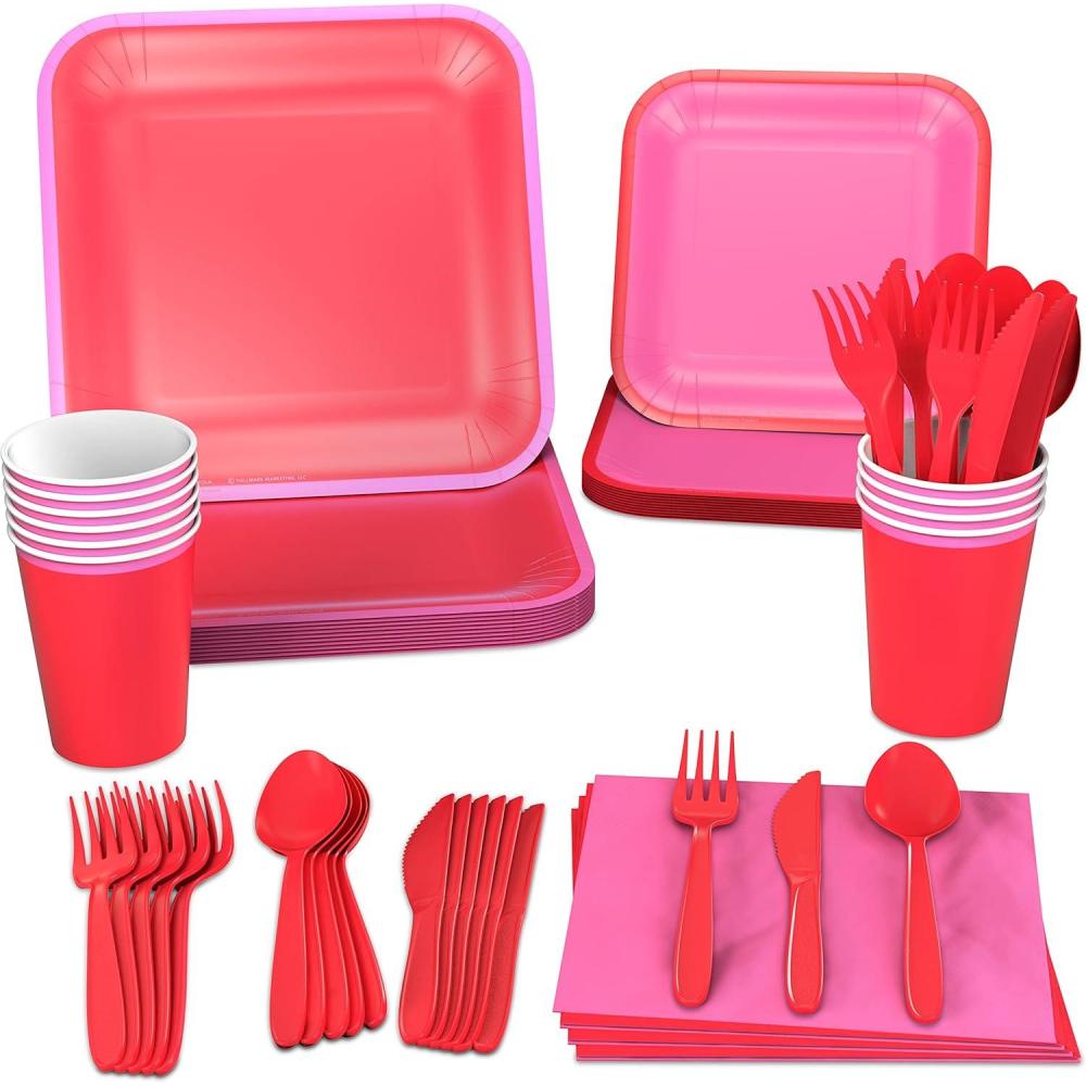 imageCrayola Color Pop Yellow and Orange Party Supplies 12 Dinner Plates 12 Dessert Plates 12 Paper Cups 24 Napkins 12 Sets of Plastic Cutlery for Birthdays Back to School HalloweenScarlet Red  Tickle Me Pink