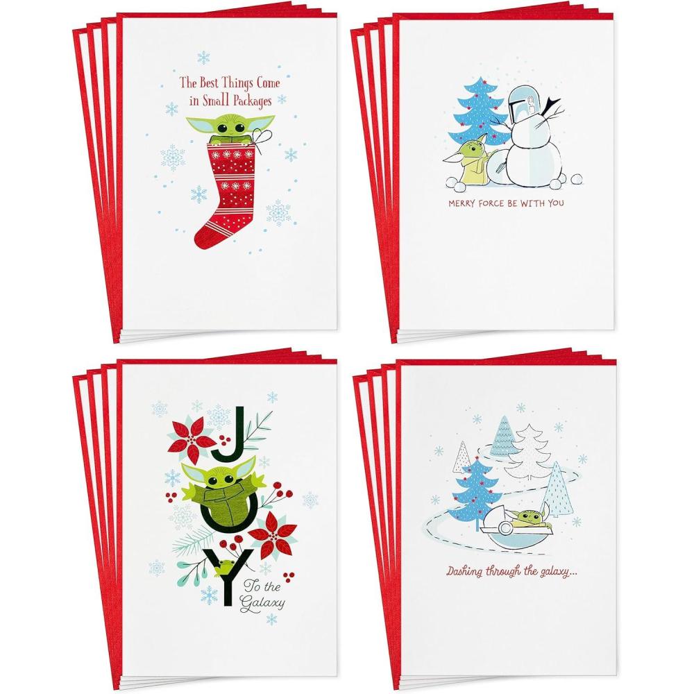 imageHALLMARK Star Wars The Mandalorian Boxed Christmas Card Assortment 16 Cards and Envelopes Grogu Baby Yoda Snowman