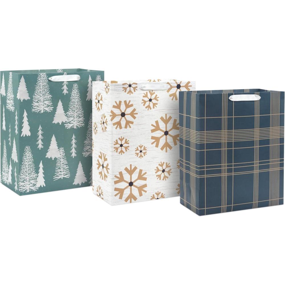 imageHallmark 13quot Christmas Gift Bags 4 Large White Bags Gold Snowflakes Gold Plaid for Holiday Parties Winter Weddings Bridal ShowersNavy  Sage Green
