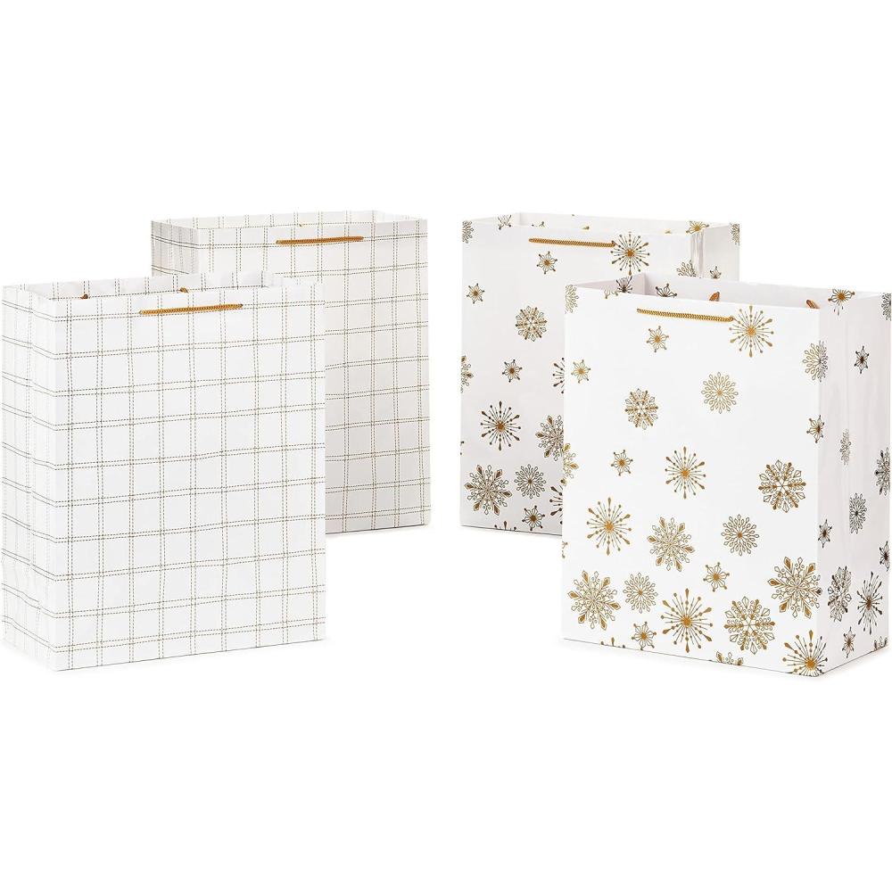 imageHallmark 13quot Christmas Gift Bags 4 Large White Bags Gold Snowflakes Gold Plaid for Holiday Parties Winter Weddings Bridal ShowersWhite and Gold