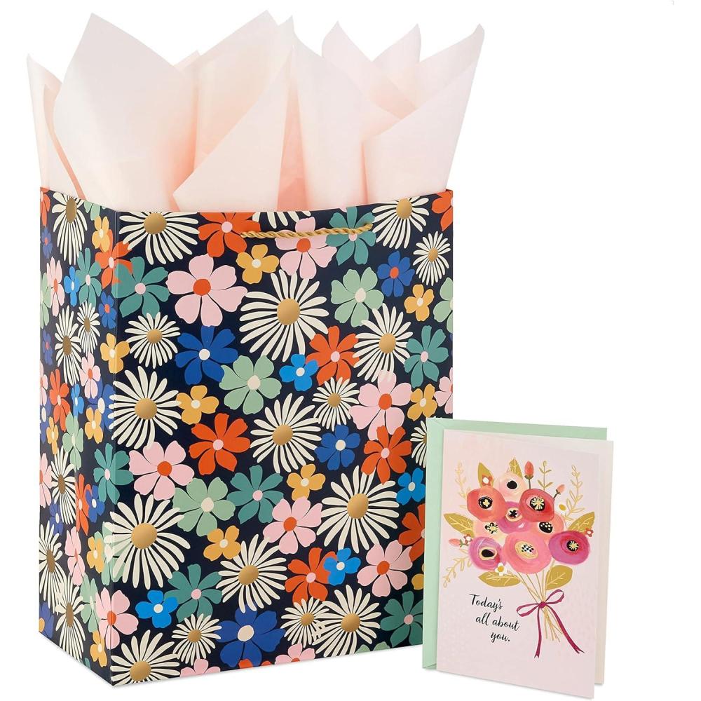 imageHallmark 13quot Large Floral Gift Bag with Tissue Paper and Birthday Card Modern Flowers Pink Sage Blue Black Yellow for Mom Daughter Sister Girlfriend Aunt NanaPink  Sage