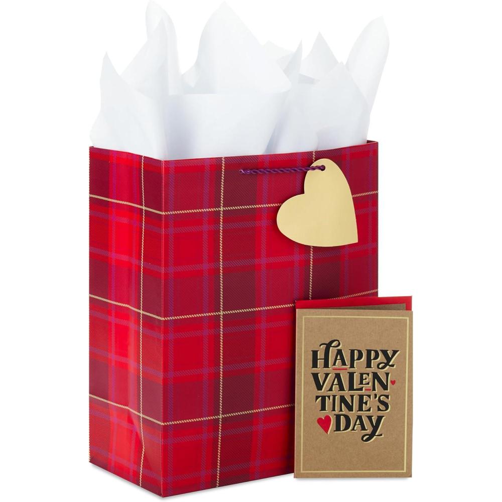 imageHallmark 13quot Large Valentines Day Gift Bag with Tissue Paper and Card Red Plaid Gold Heart for Husband Boyfriend TeacherPlaid