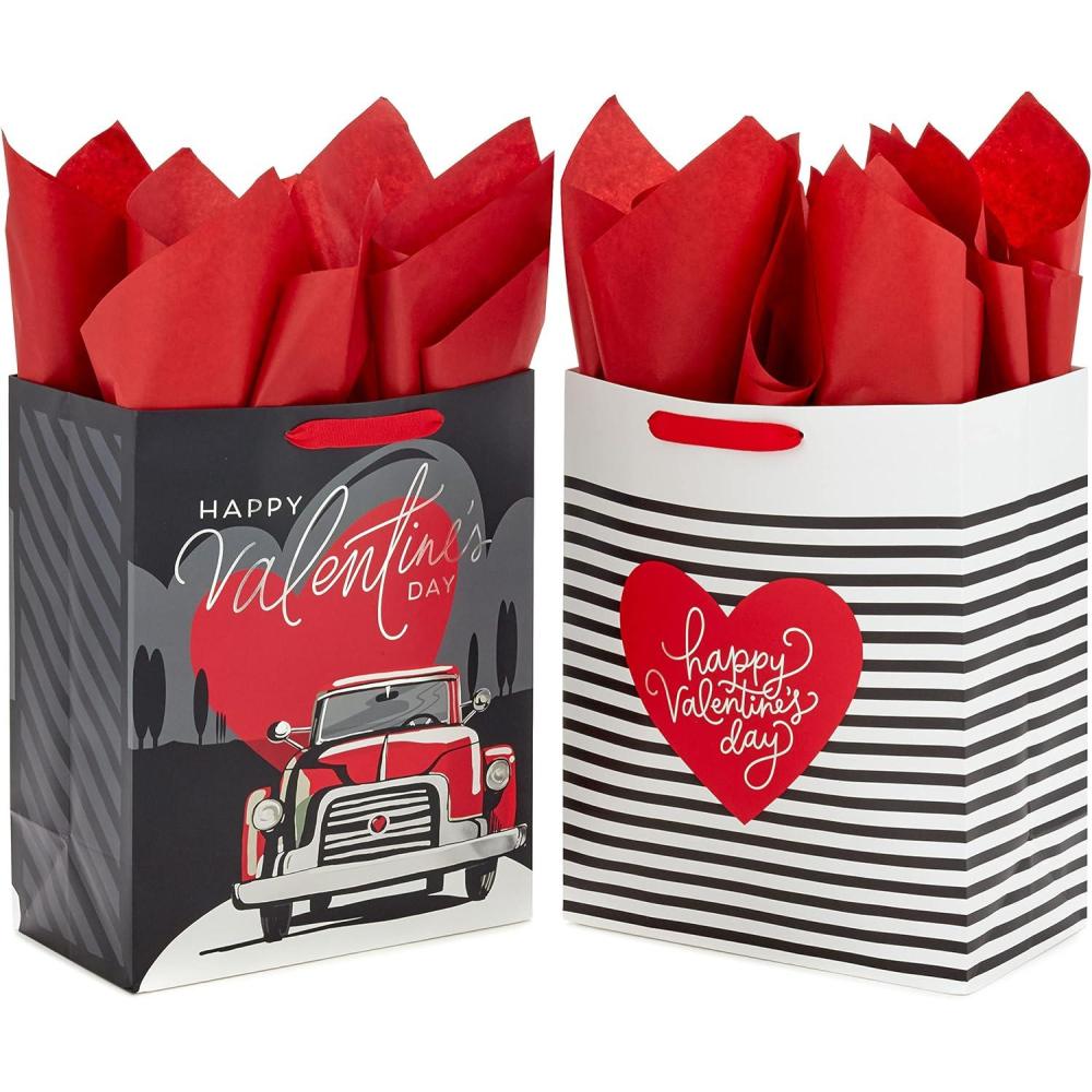 imageHallmark 13quot Large Valentines Day Gift Bags with Tissue Paper 2 Bags Vintage Red Truck Black and White Stripes for Adults Spouse Husband Boyfriend
