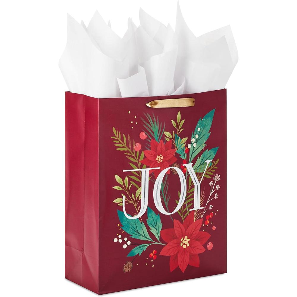 imageHallmark 15quot Extra Large Christmas Gift Bag with Tissue Paper Black Buffalo Plaid with Red BowDark Red with Poinsettias