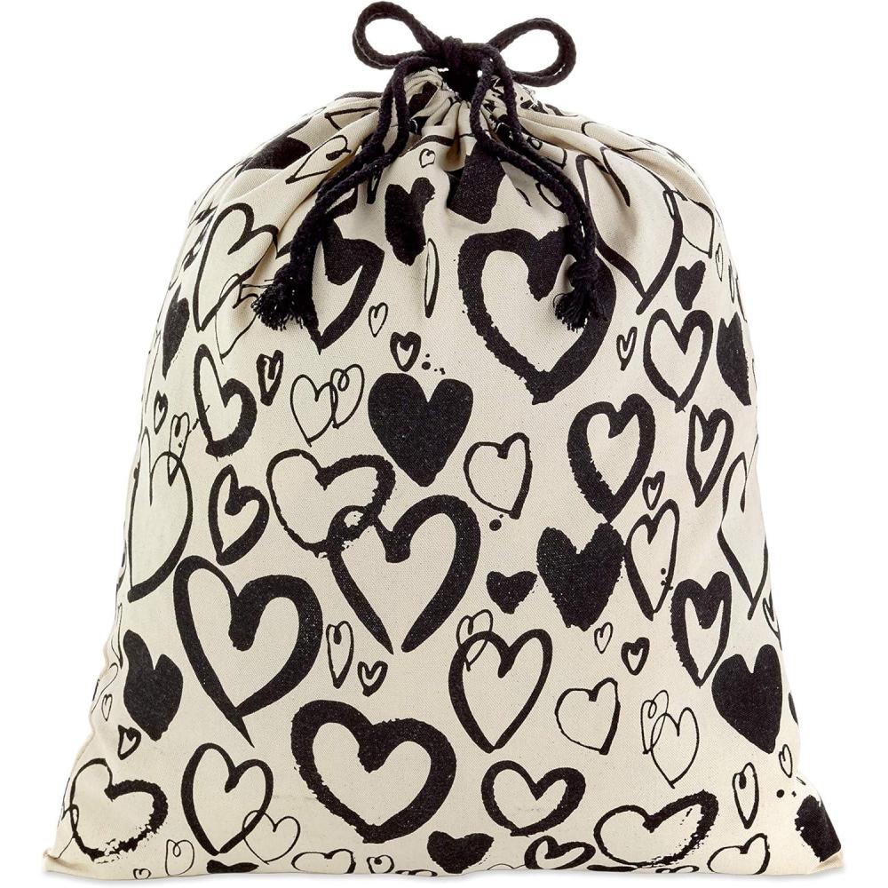 imageHallmark 19quot Large Canvas Bag with Yellow Drawstring Ivory and Blue for Birthdays Baby Showers Fathers DayBlack Hearts