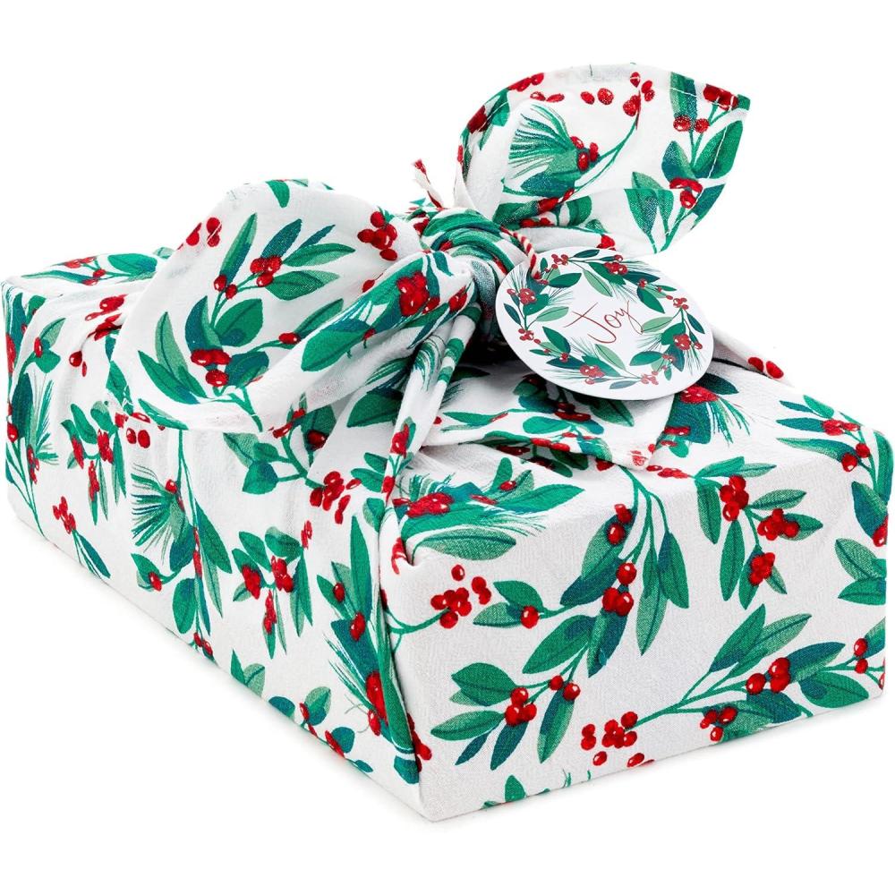 imageHallmark 26quot Reusable Christmas Gift Wrap 1 Fabric Wrap Blue Snowflakes on Natural Cotton for Holiday Parties Hanukkah Winter WeddingsGreen Foliage
