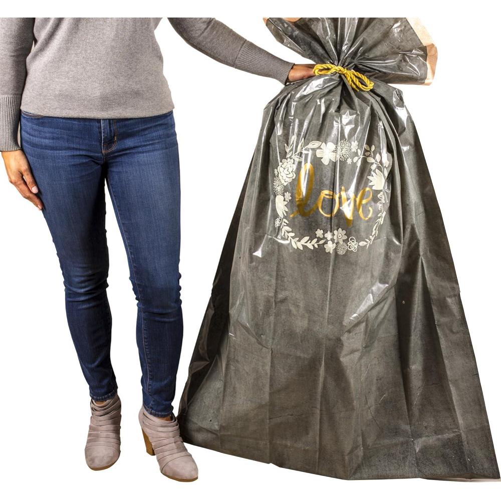 imageHallmark 56quot Large Plastic Gift Bag Gold Love White Flowers for Engagement Parties Bridal Showers Weddings and More