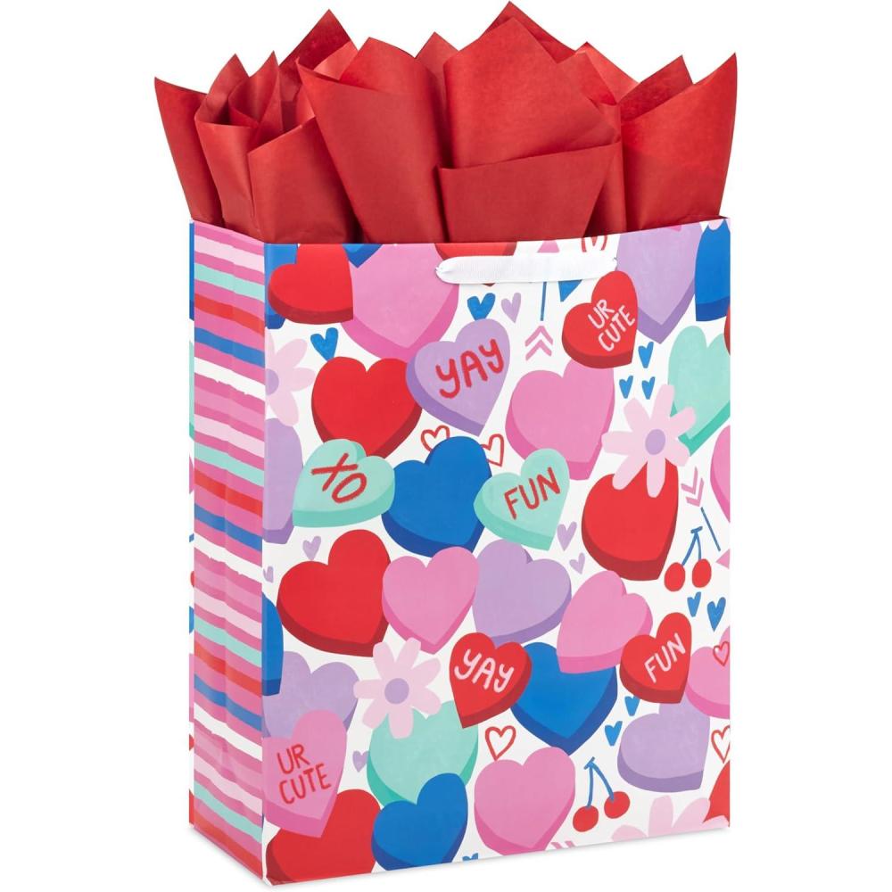 imageHallmark 6quot Small Valentines Day Gift Bag with Tissue Paper Red Happy Valentines Day Gold HeartCandy Hearts