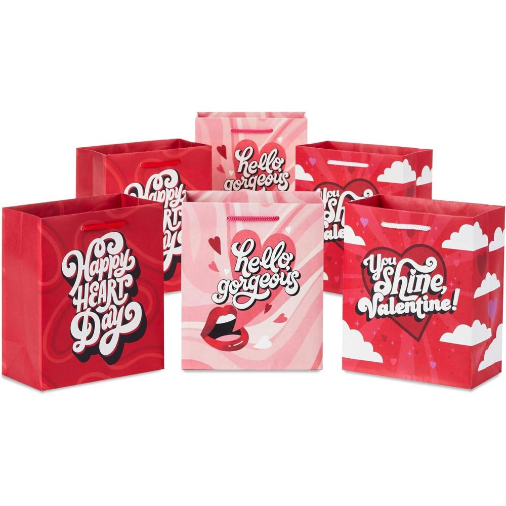 imageHallmark 6quot Small Valentines Day Gift Bags 6 Bags 3 Designs Hello Gorgeous Pink Red for Classroom Exchange Galentines DayHappy Heart Day  Hello Gorgeous  You Shine