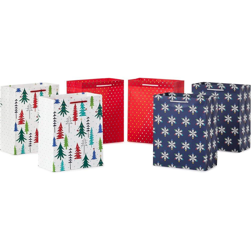 imageHallmark 9quot Christmas Gift Bags 6 Medium Bags 3 Designs Red Polka Dot Colorful Trees Navy Snowflake for Holiday Partes Winter Weddings Birthdays