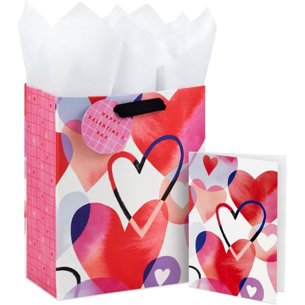 imageHallmark 9quot Medium Valentines Day Gift Bag with Card Gift Tag and Tissue Paper Watercolor HeartsWatercolor Hearts