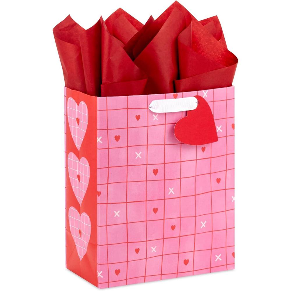 imageHallmark 9quot Medium Valentines Day Gift Bag with Tissue Paper Pink and Red Heart GridPink and Red Heart Grid
