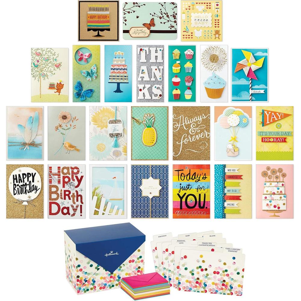imageHallmark All Occasion Handmade Boxed Set of Assorted Greeting Cards with Card Organizer Pack of 24Birthday Baby Wedding Sympathy Thinking of You Thank You Blank