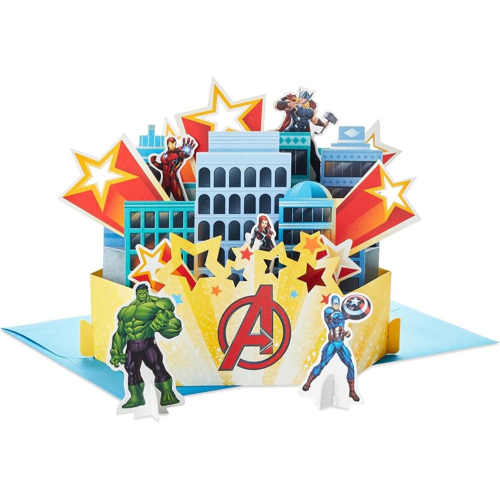 imageHallmark Avengers Birthday Card with 3D Stickers and Glasses Avengers Assemble 499RZB7022Assemble  City Scene with Paper Hulk  Black Widow  Captain America  Iron Man Figures