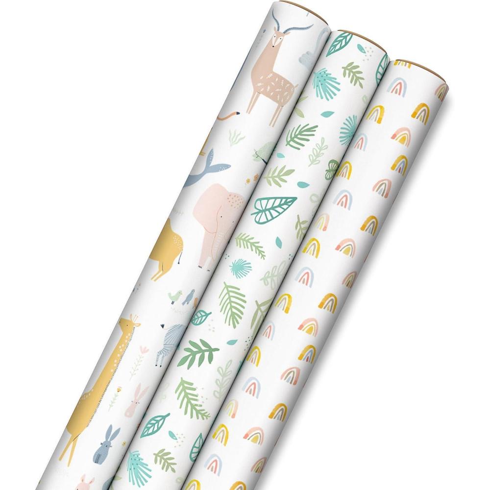 imageHallmark Baby Shower Wrapping Paper Rolls  Pastel Gift Wrap Paper  Gender Neutral Clouds ABCs Bottles Polka Dots Blue Gray Gingham Set of 3 Rolls 75 sq ft ttlAnimals  Greenery  Rainbows