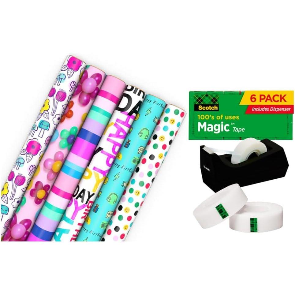 imageHallmark Birthday Wrapping Paper Rolls and Scotch Magic Tape Set of 6 Gift Wrap Rolls with 6 Rolls of Tape Flowers Stripes Pink Teal and Black Polka DotsWrapping Paper  Scotch Magic Tape