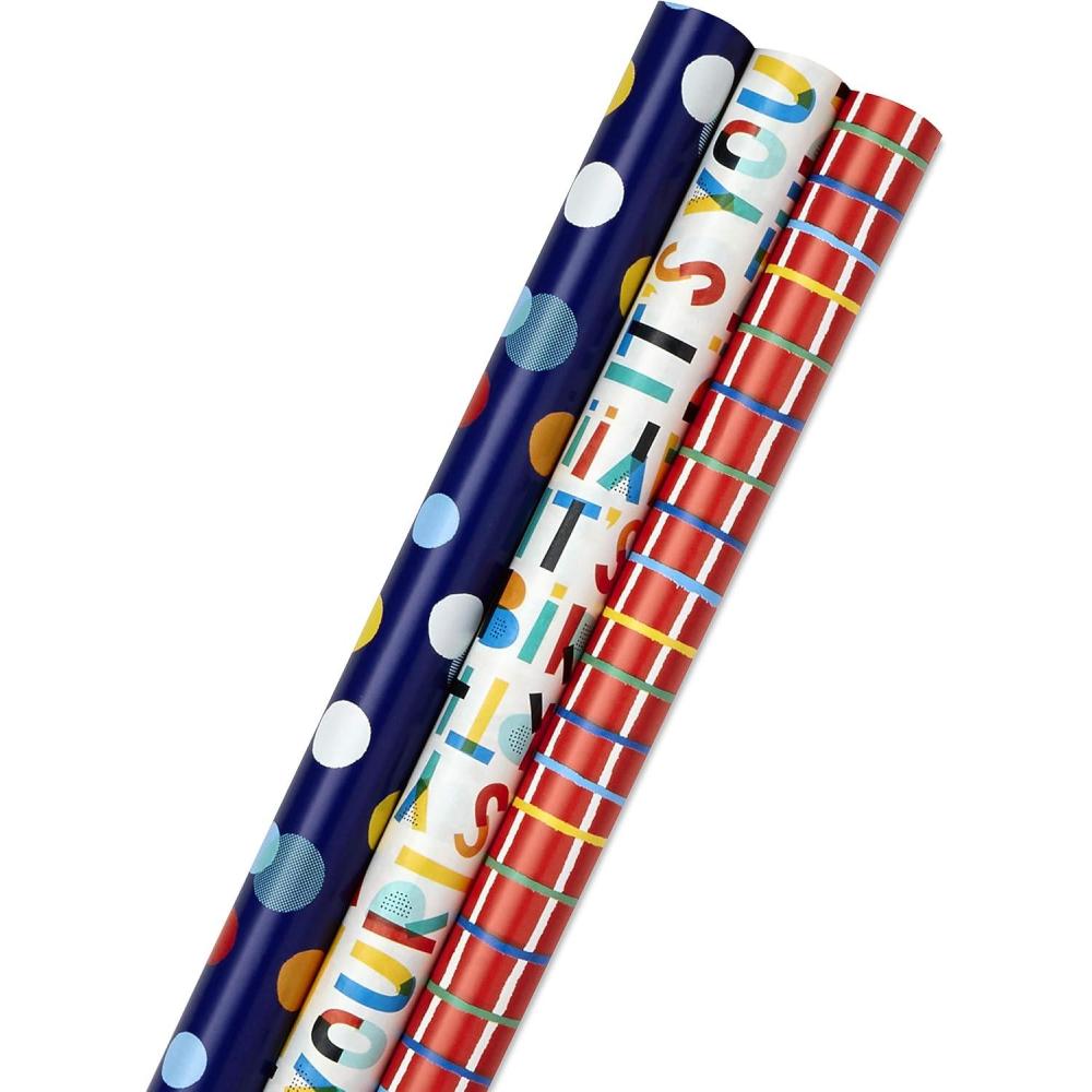 imageHallmark Birthday Wrapping Paper with Templates for Handmade Bows on Reverse 3Pack 75 sq ft ttl Royal Blue Rainbow Stripes Colorful ConfettiPolka Dot  Its Your Birthday  Grid