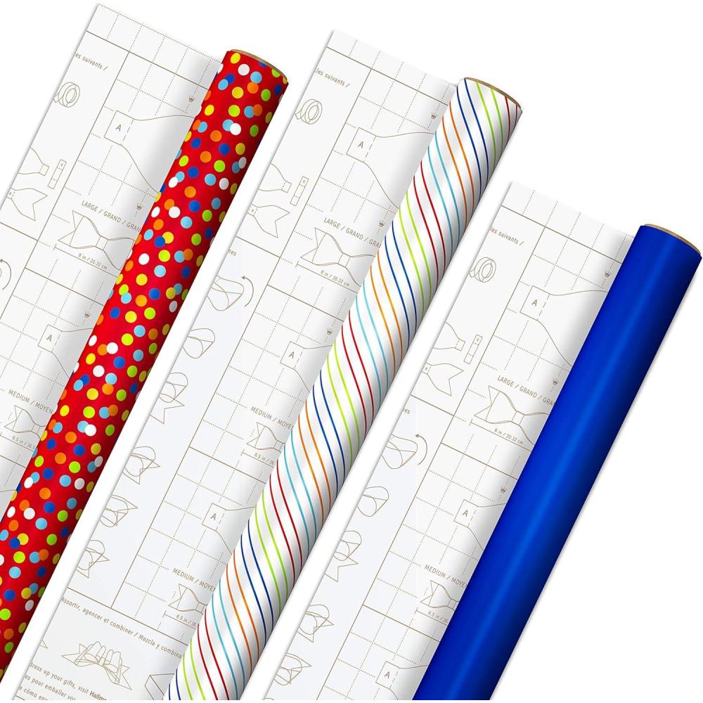 imageHallmark Birthday Wrapping Paper with Templates for Handmade Bows on Reverse 3Pack 75 sq ft ttl Royal Blue Rainbow Stripes Colorful ConfettiPolka Dots  Rainbow Stripes  Solid Blue