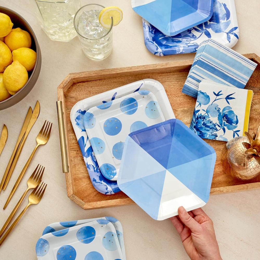 imageHallmark Blue Floral Party Supplies 16 Square Dinner Plates 8 Square Dessert Plates 8 Hexagonal Dessert Plates 32 Beverage Napkins Flowers Stripes Polka Dots