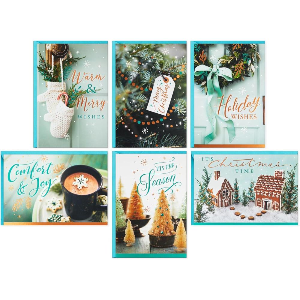 imageHallmark Boxed Christmas Card Assortment Tis the Season 72 Cards and 72 Envelopes Bottle Brush Trees Cocoa Rustic Wreath Mittens