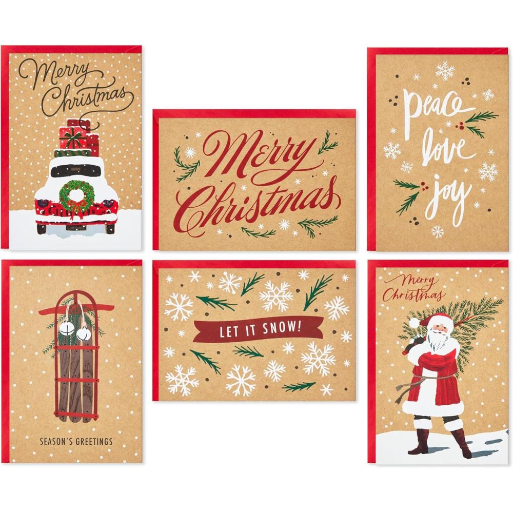 imageHallmark Boxed Christmas Cards Assortment Rustic Kraft 6 Designs 36 Cards with EnvelopesHoliday Rustic Kraft Card Assortment