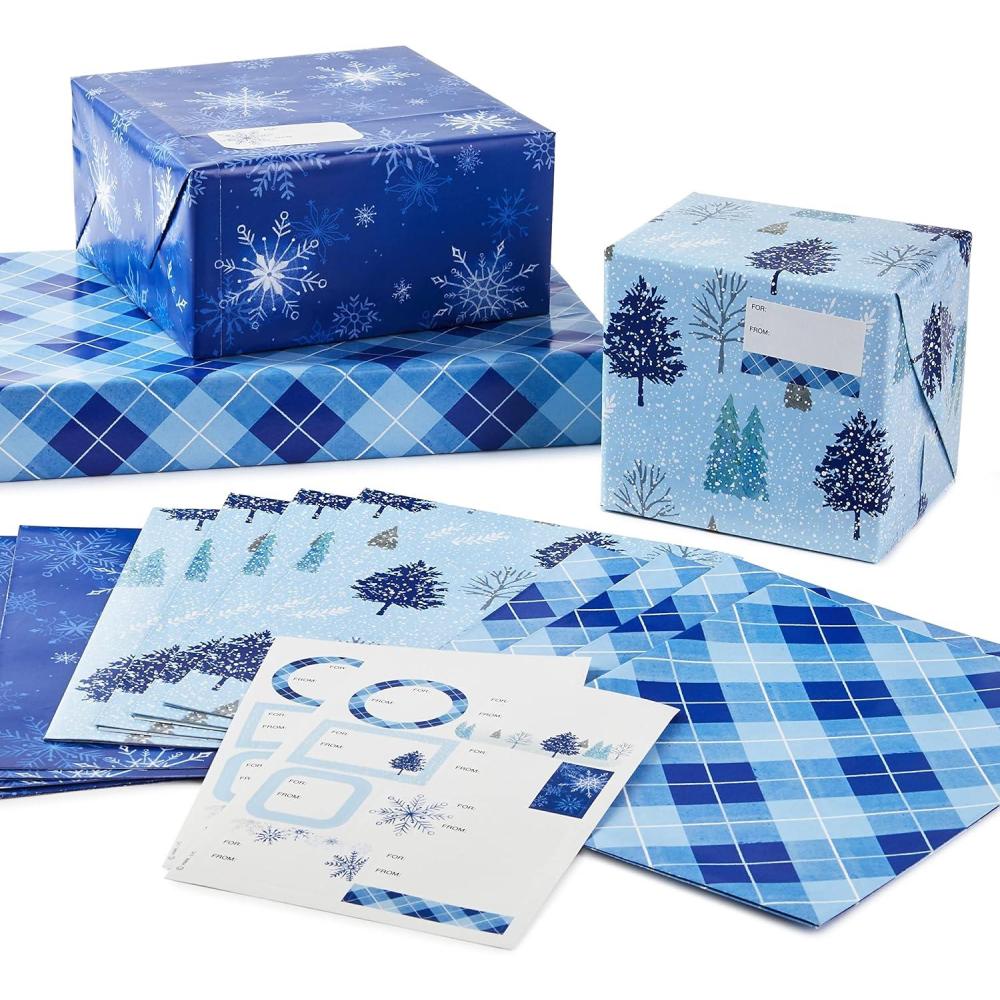 imageHallmark Christmas Flat Wrapping Paper Sheets with Gift Tag Seals  Snowflakes Deer Tartan Plaid Gift Wrap Paper 12 Sheets 16 Gift Tag Stickers for Holiday Parties Hanukkah Winter WeddingsBlue Plaid  Snowflakes  Trees
