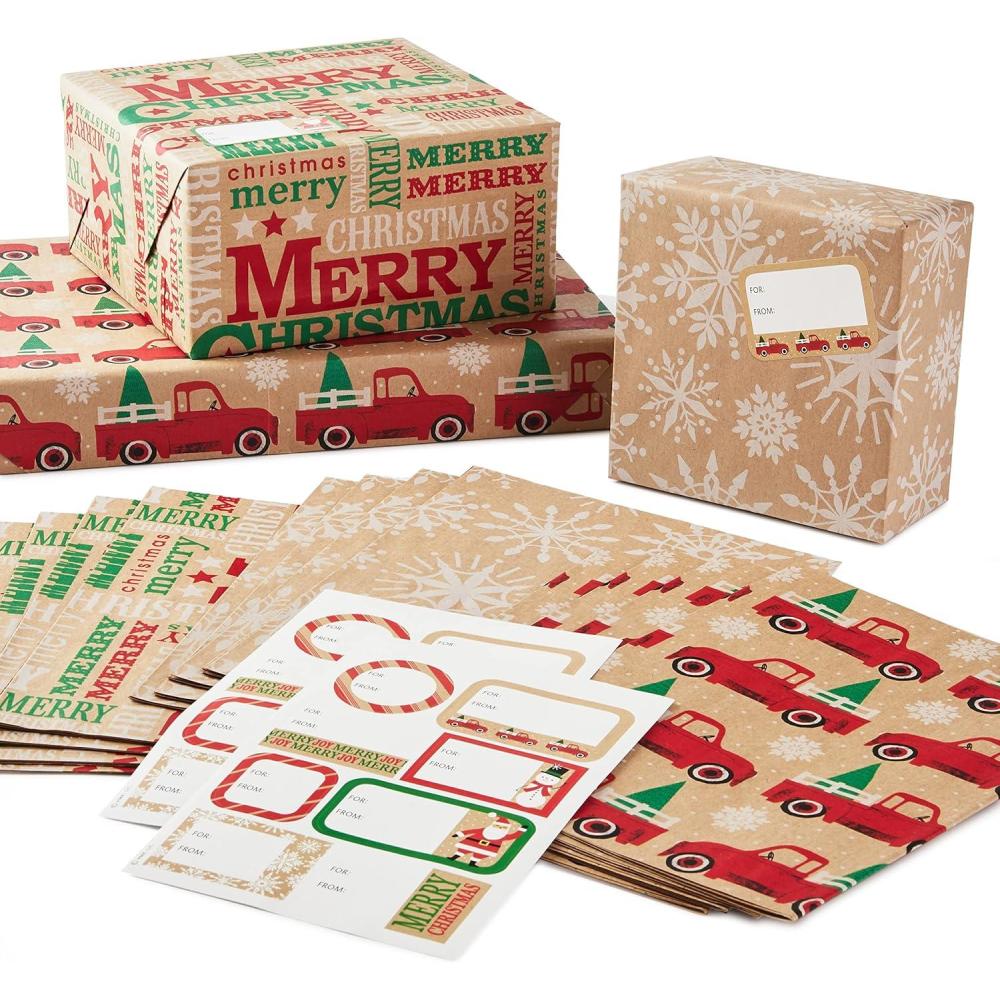 imageHallmark Christmas Flat Wrapping Paper Sheets with Gift Tag Seals  Snowflakes Deer Tartan Plaid Gift Wrap Paper 12 Sheets 16 Gift Tag Stickers for Holiday Parties Hanukkah Winter WeddingsKraft Red Truck  Snowflakes  Merry Christmas