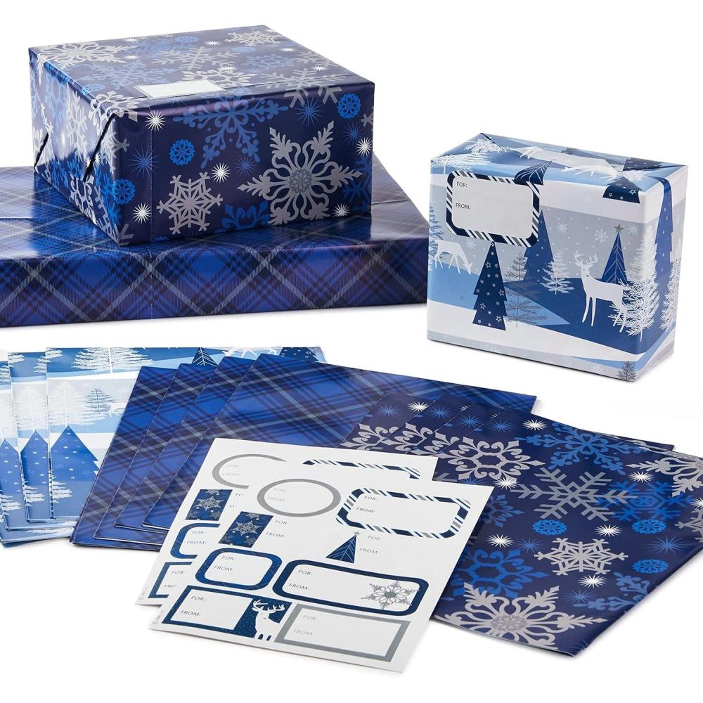 imageHallmark Christmas Flat Wrapping Paper Sheets with Gift Tag Seals  Snowflakes Deer Tartan Plaid Gift Wrap Paper 12 Sheets 16 Gift Tag Stickers for Holiday Parties Hanukkah Winter WeddingsNavy Snowflakes  Plaid  Woodland Scene