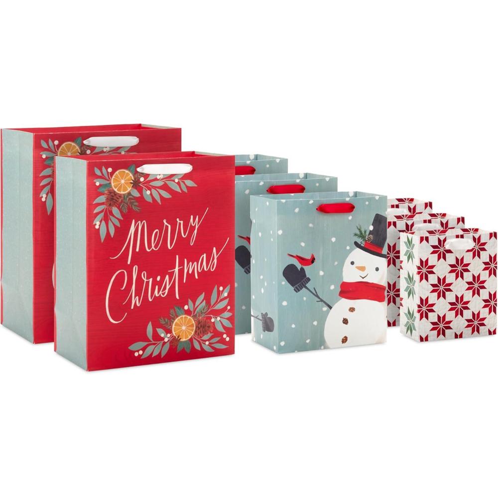 imageHallmark Christmas Gift Bag Assortment 8 Bags 3 Small 6quot 3 Medium 9quot 2 Large 13quot Red White and Gray Snowman Citrus Quilted Snowflakes1 Count Pack of 8