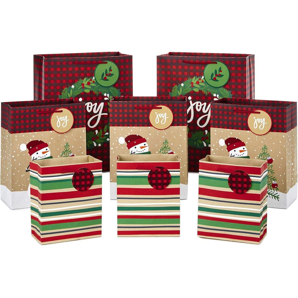 imageHallmark Christmas Gift Bag Assortment Traditional Pack of 8 Gift Bags 3 Small 6quot 3 Medium 9quot 2 Large 13quot Snowmen Red Plaid Kraft Stripes quotJoyquot Wreath