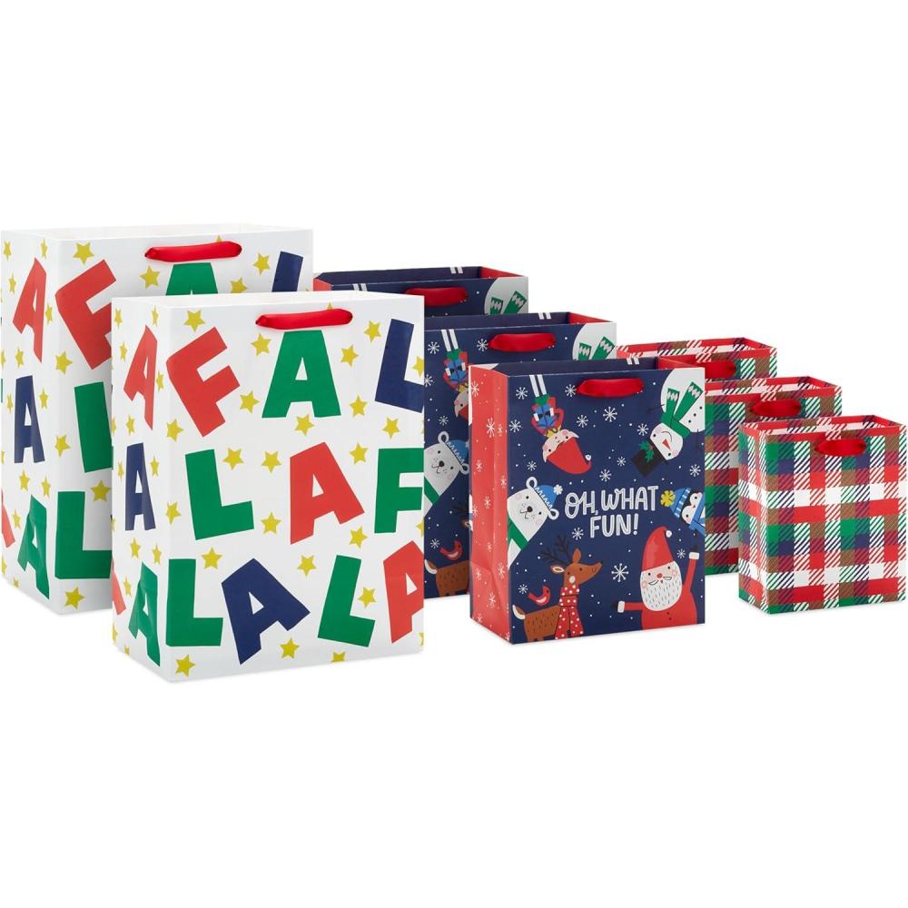 imageHallmark Christmas Gift Bag Assortment for Kids 8 Bags 3 Small 6quot 3 Medium 9quot 2 Large 13quot Red Blue Green Plaid Elf Santa Snowman Oh What FunFa la la  Oh What Fun  Christmas Plaid