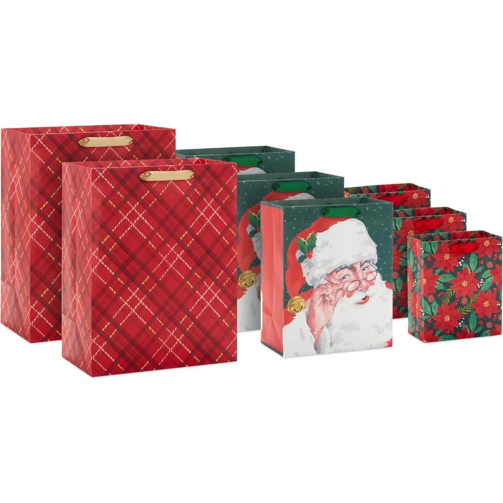 imageHallmark Christmas Gift Bag Assortment with Tissue Paper Pack of 3 Gift Bags 1 Large 13quot 2 Extra Large 15quot Gold Plaid SantaRed Plaid  Retro Santa  Poinsettia