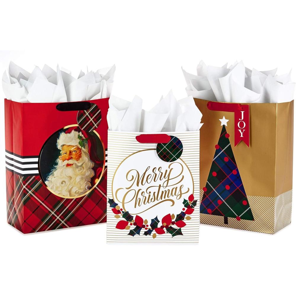 imageHallmark Christmas Gift Bag Assortment with Tissue Paper Pack of 3 Gift Bags 1 Large 13quot 2 Extra Large 15quot Gold Plaid SantaRetro Santa  Merry Christmas  Plaid Tree