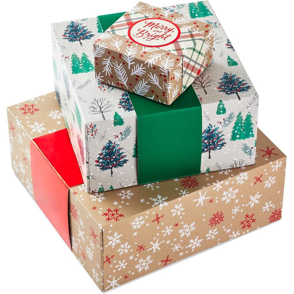 imageHallmark Christmas Gift Boxes 3Pack Assorted Sizes Red ampamp Green Stripes Plaid Polka Dots for Hostess Gifts Holiday Parties Wrapped TreatsHolly  Christmas Trees  Snowflakes
